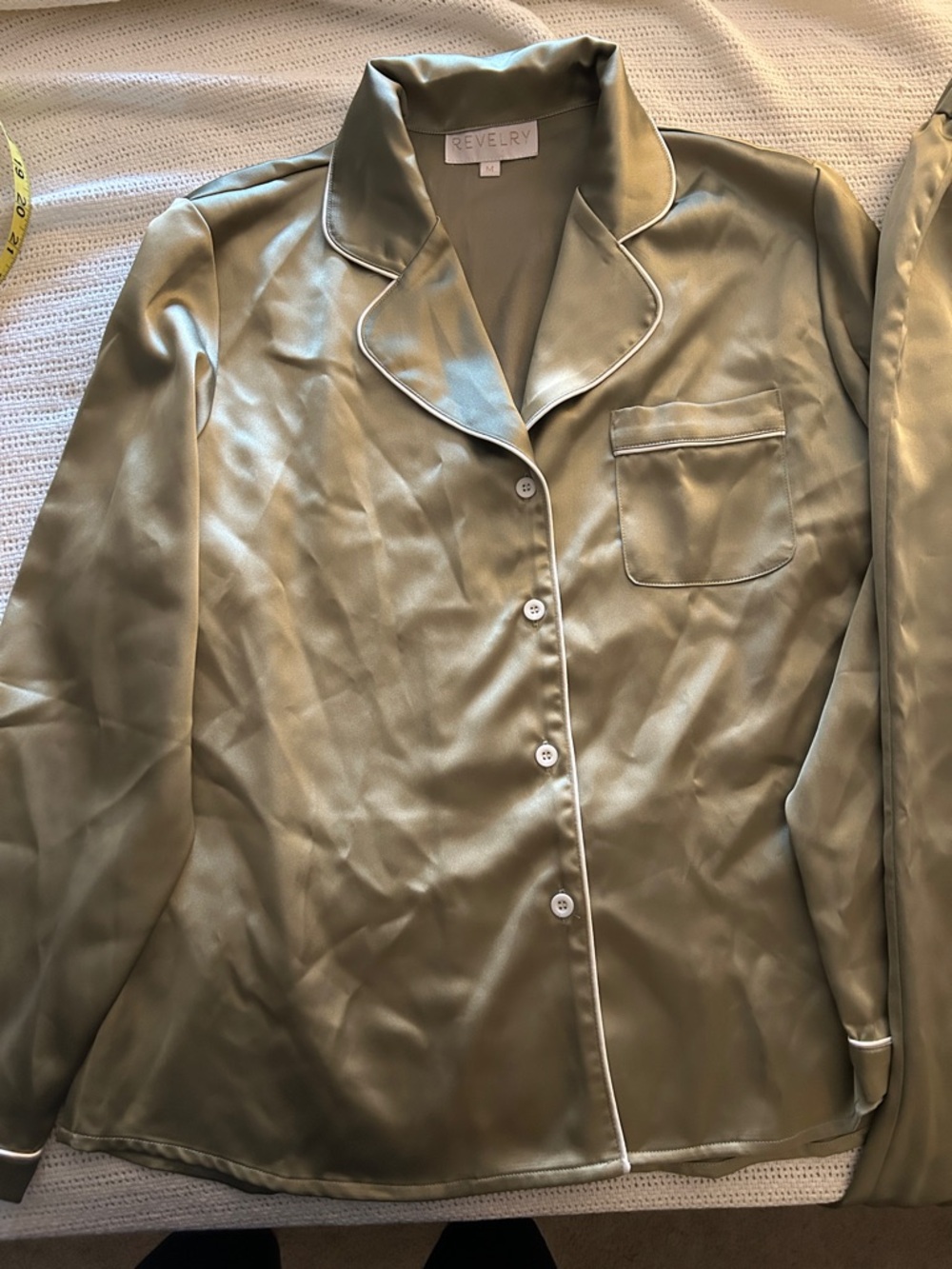 Revelry Olive Satiny LS Pajama Top and bottoms with Contrast Piping